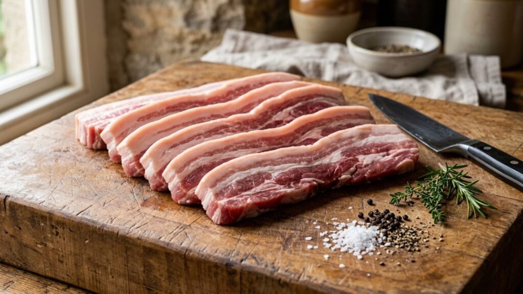 Fresh side pork slices with visible fat layers, ready for cooking