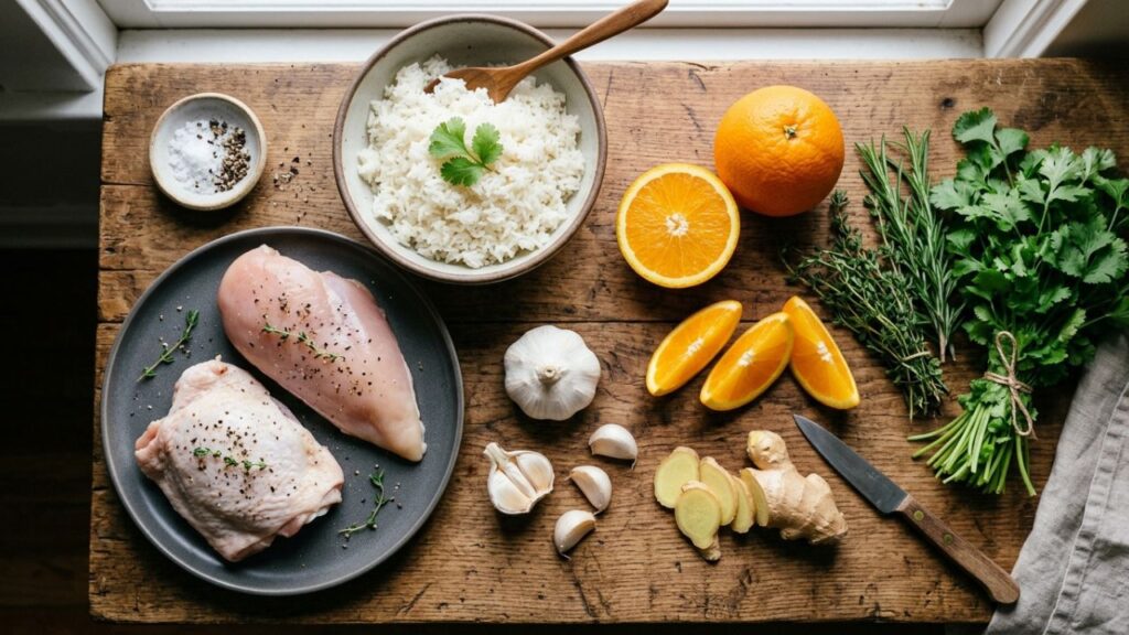 Fresh ingredients for chicken and orange rice.