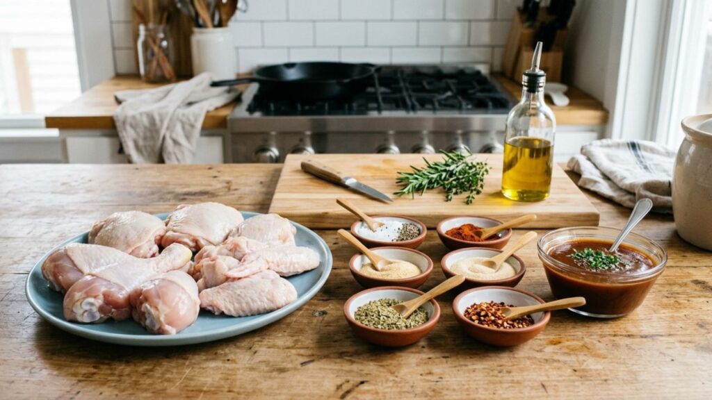 Heavenly BBQ chicken ingredients with spices and sauce.