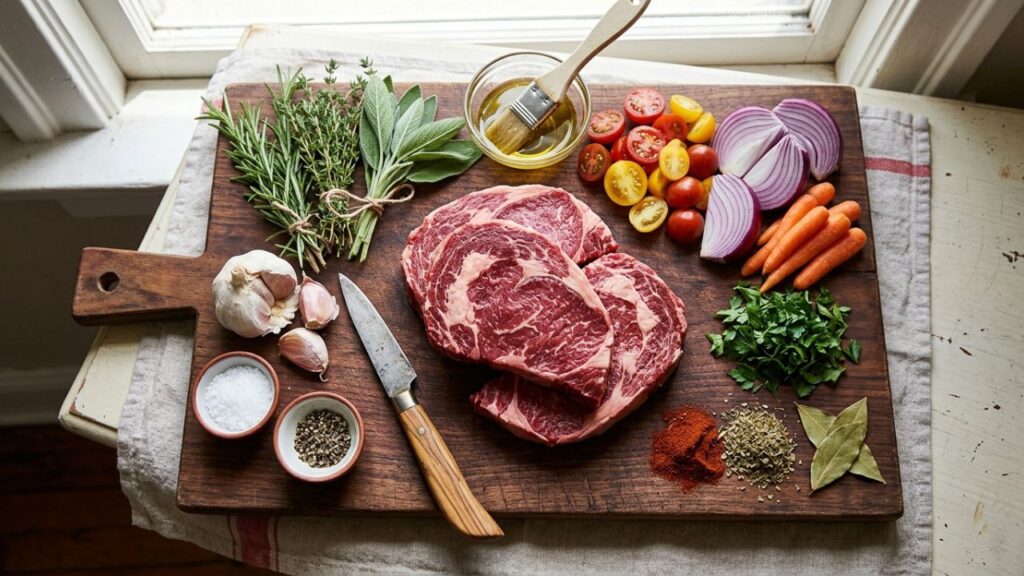  Fresh meat and cooking ingredients on a kitchen counter.