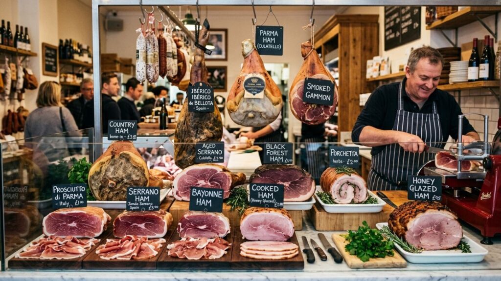 Assorted ham cuts at a butcher counter.