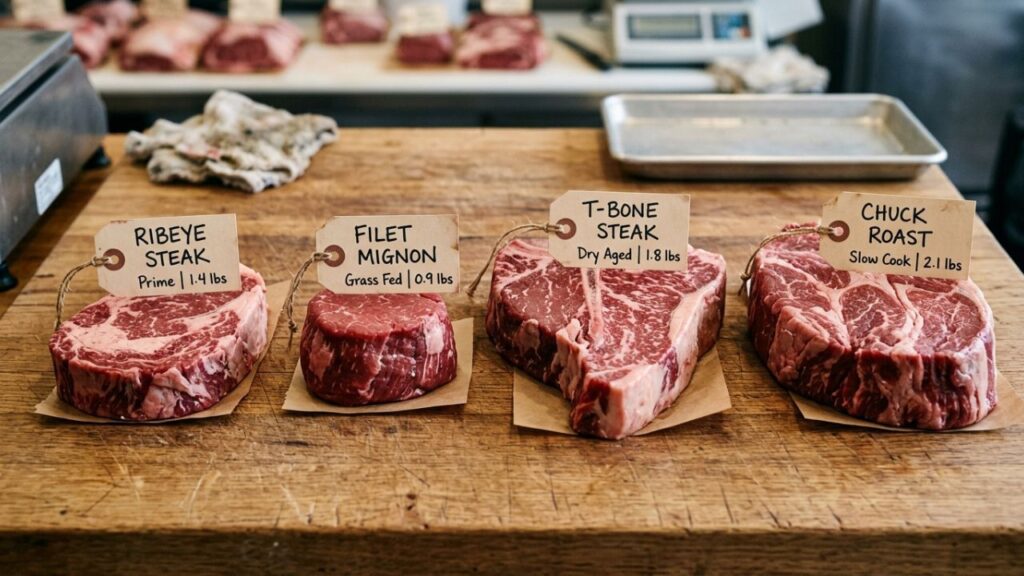 Assorted fresh beef cuts on a cutting board.