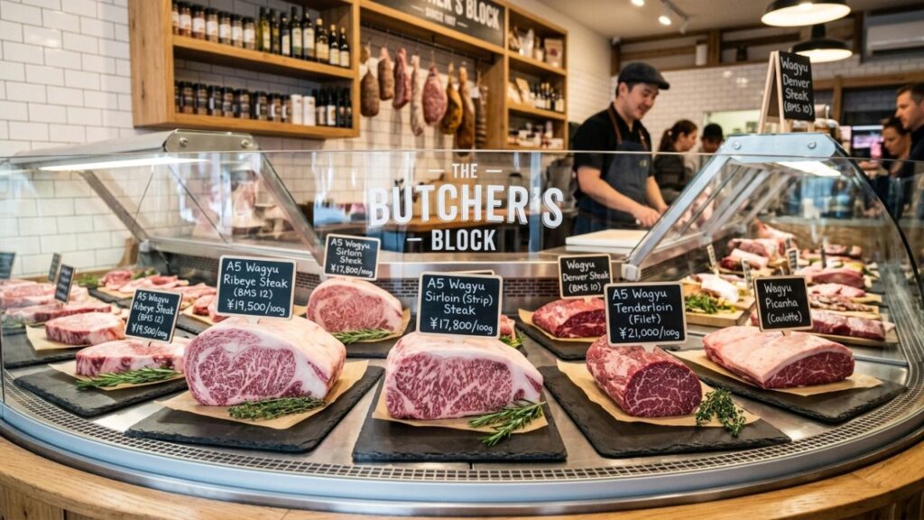 Different Wagyu beef healthy cuts at a butcher.