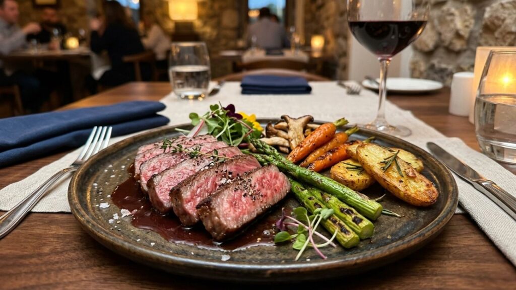 Wagyu beef served with healthy side dishes.