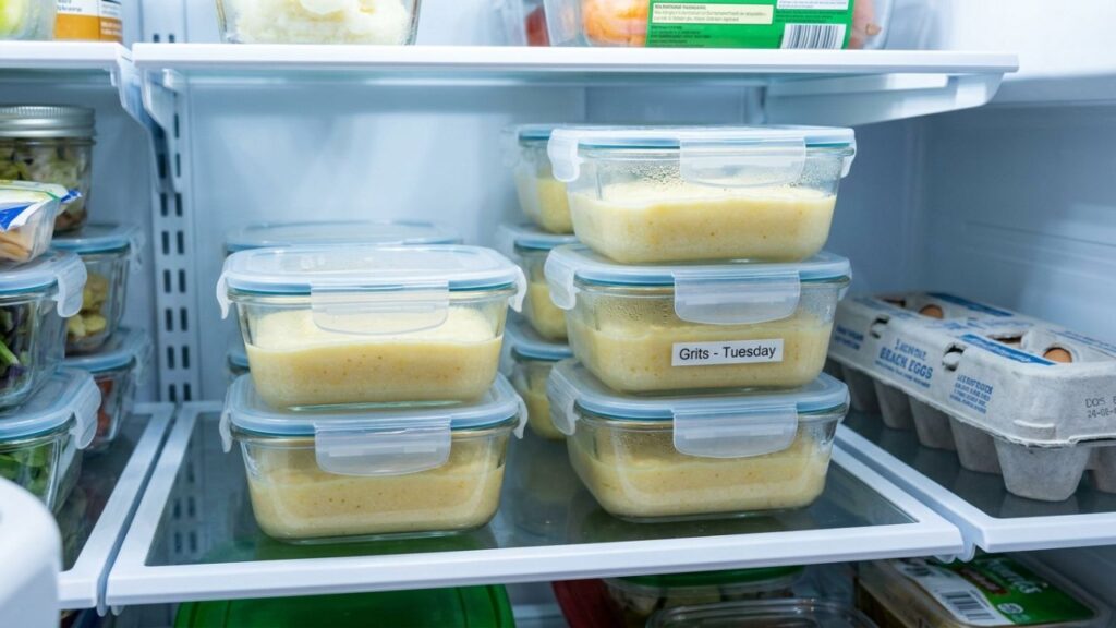 Container of cooked grits for storage