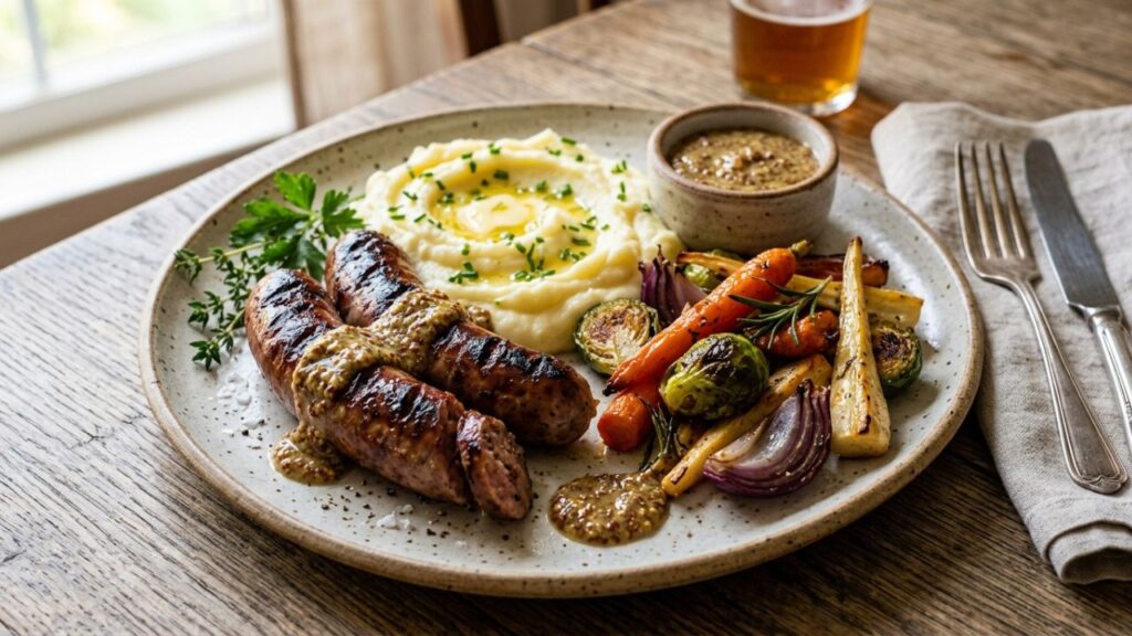 Grilled sausage served with roasted vegetables and creamy mashed potatoes