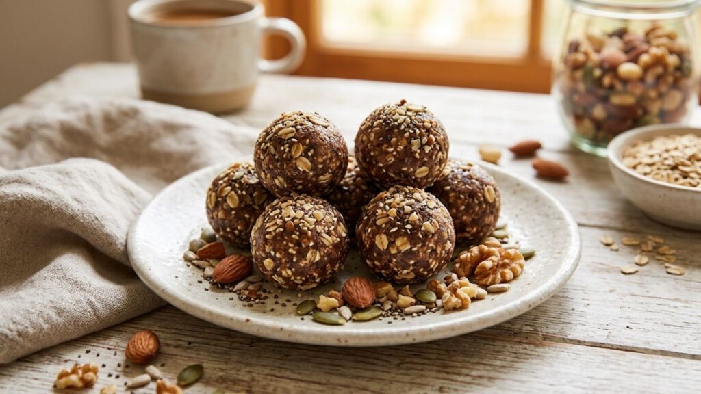  Plate of lactation balls with oats and nuts.