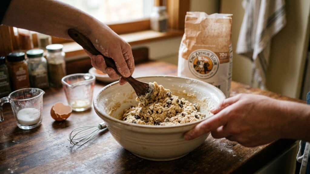  Hands mixing oats, nut butter, and honey.