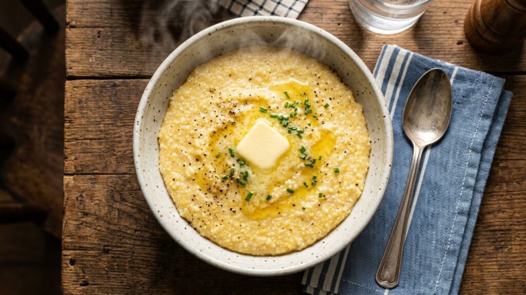 Creamy whole grain grits in a bowl, ready to eat