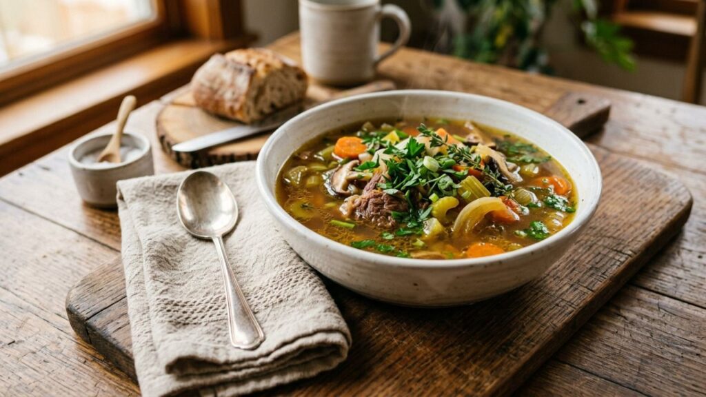 Clear glass bowl of beef knuckle bone broth with seasonal vegetables and herbs