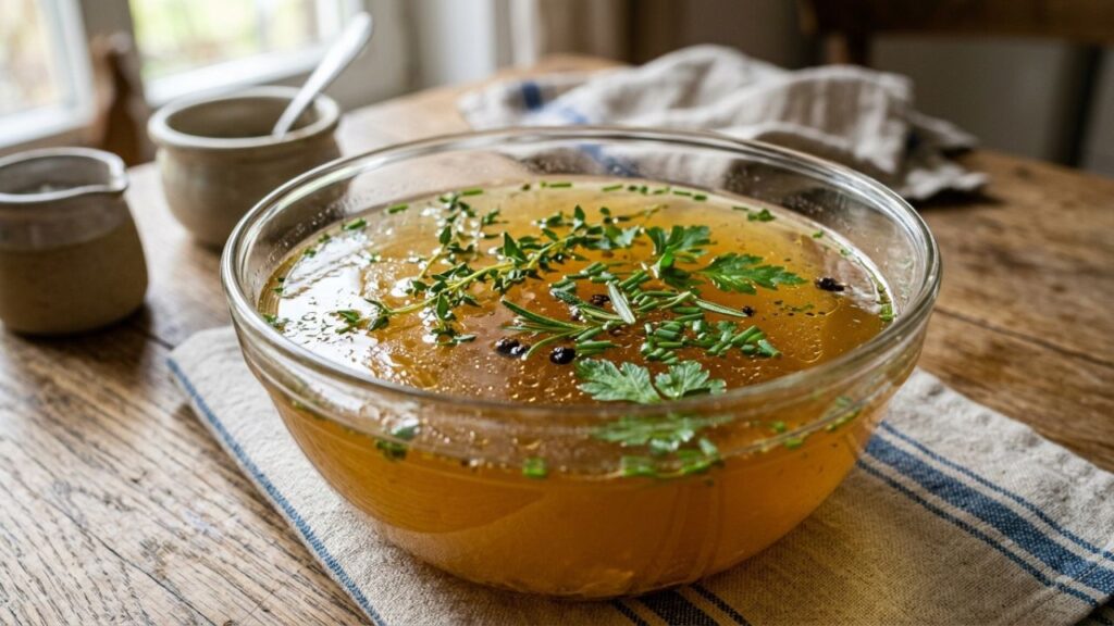 Clear beef broth in a glass container with herbs