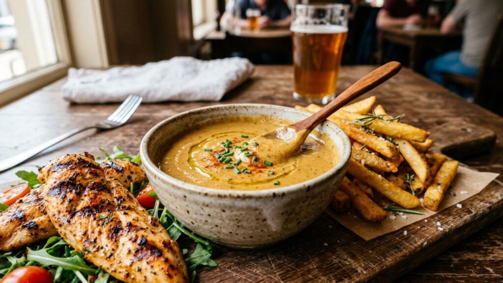 Creamy pharaoh sauce served in a bowl with fries and grilled chicken