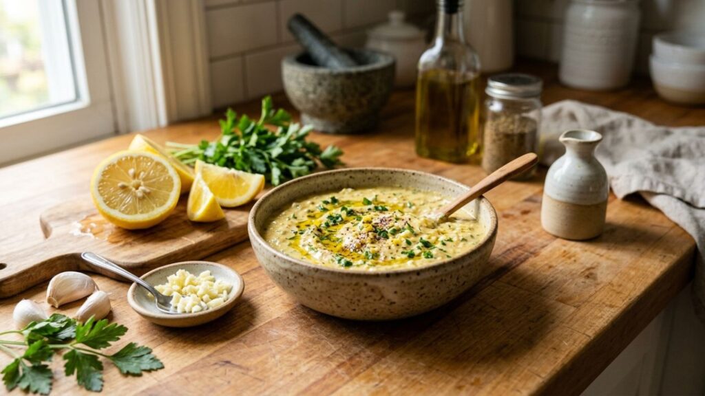Creamy Pharaoh sauce made with yogurt, garlic, and lemon in a bowl