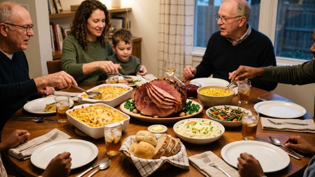 Sliced pit ham with vegetables and sides on a table.