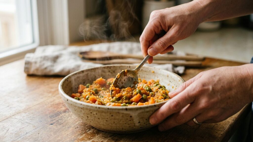 Preparing soft meals step by step with mashed vegetables