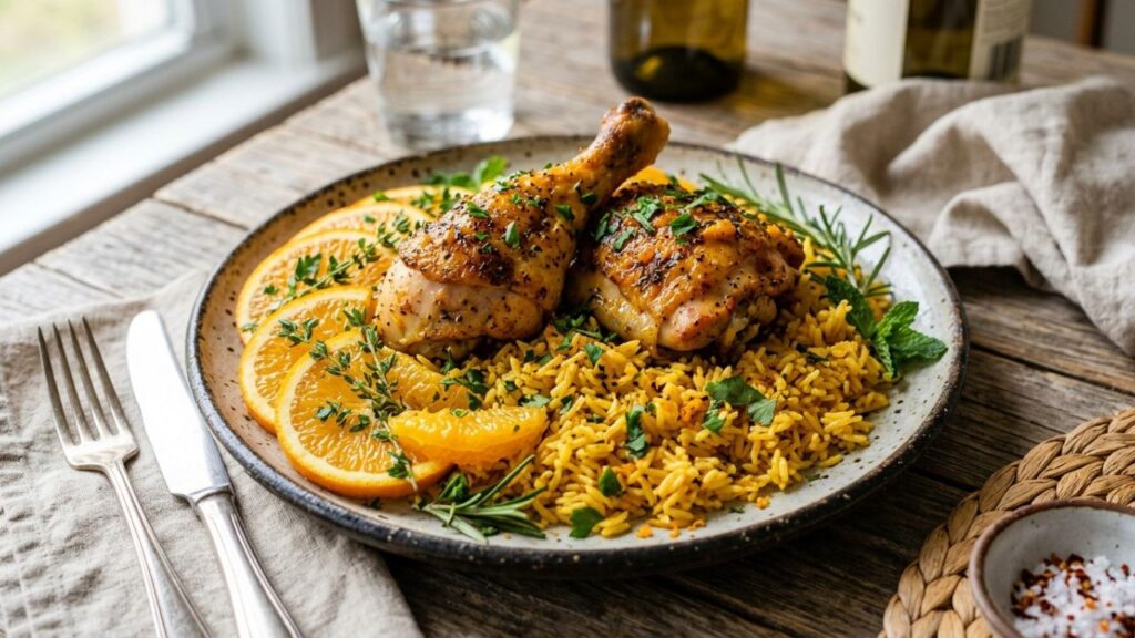 Quick chicken and orange rice with fresh oranges and herbs.