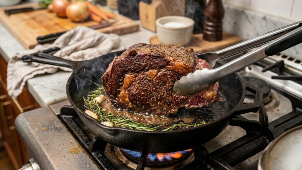  Searing a Pikes Peak Roast in a skillet with herbs