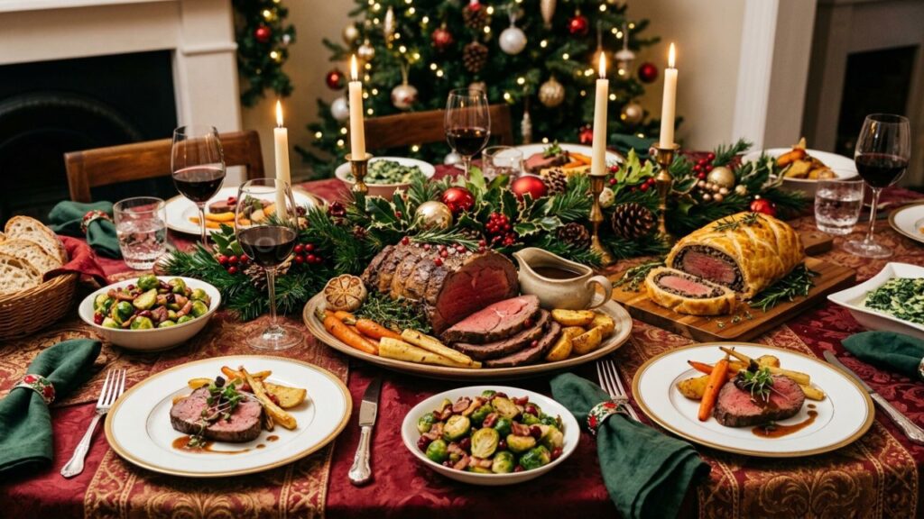 Beef dishes with seasonal garnishes.