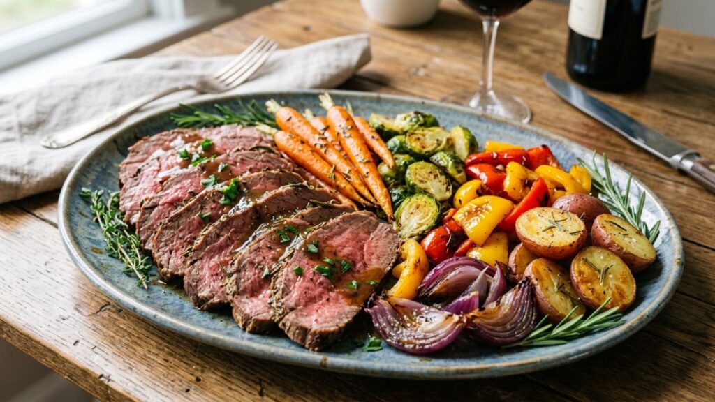 Roast served with autumn vegetables like carrots and sweet potatoes.