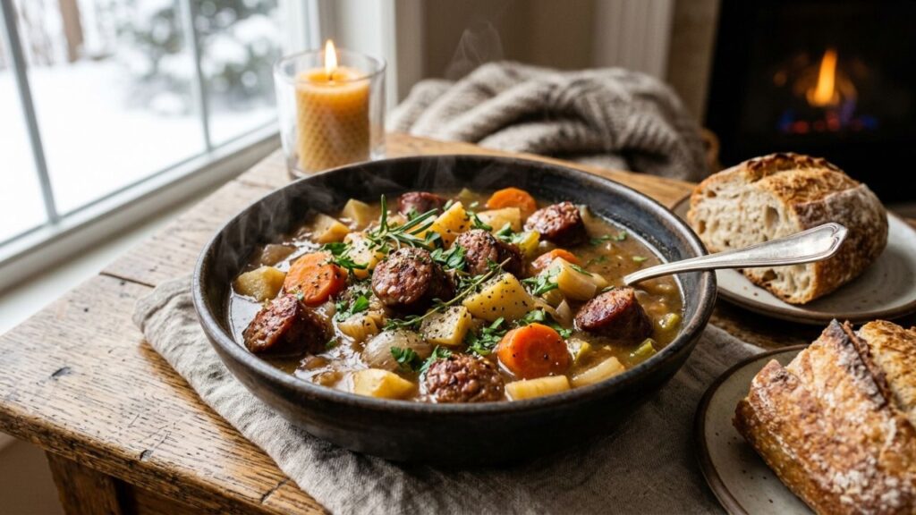 In a hearty winter stew with root vegetables and fresh herbs.