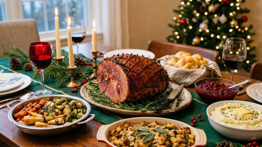 Seasonal sides on a festive table.