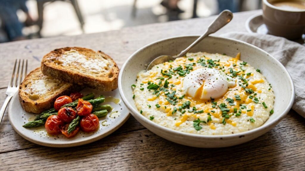  Bowl of whole grain grits with toppings and sides