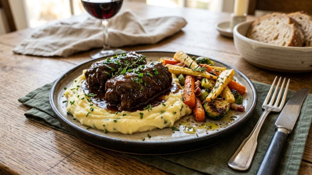 Beef cheek rolls plated with sides