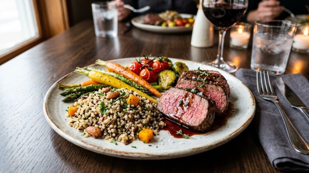  Plated beef dishes with sides, ready to serve.