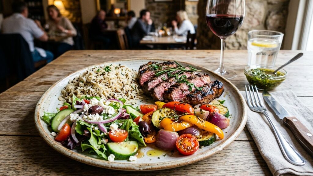 Cooked served with side dishes on a plate.
