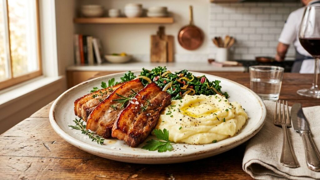  Side pork served with mashed potatoes and sautéed greens on a plate