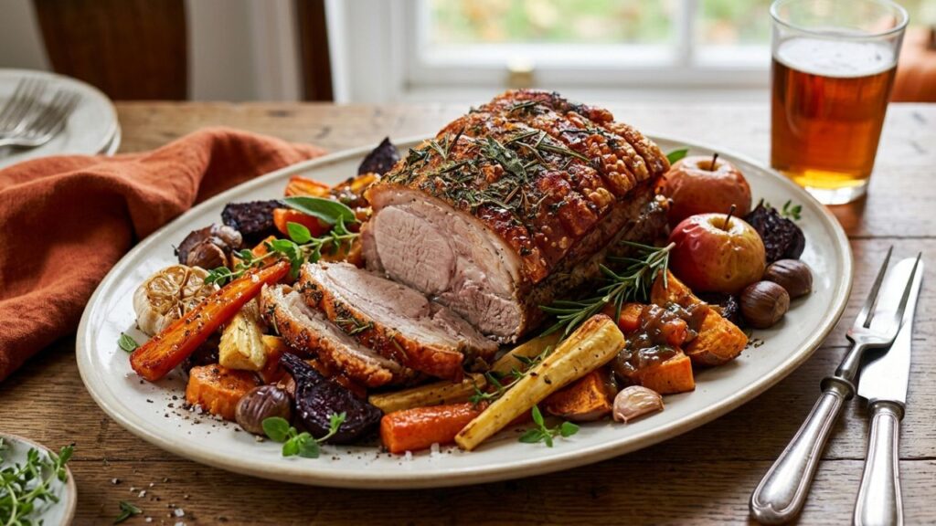 Sliced Pikes Peak Roast with roasted vegetables on a plate.