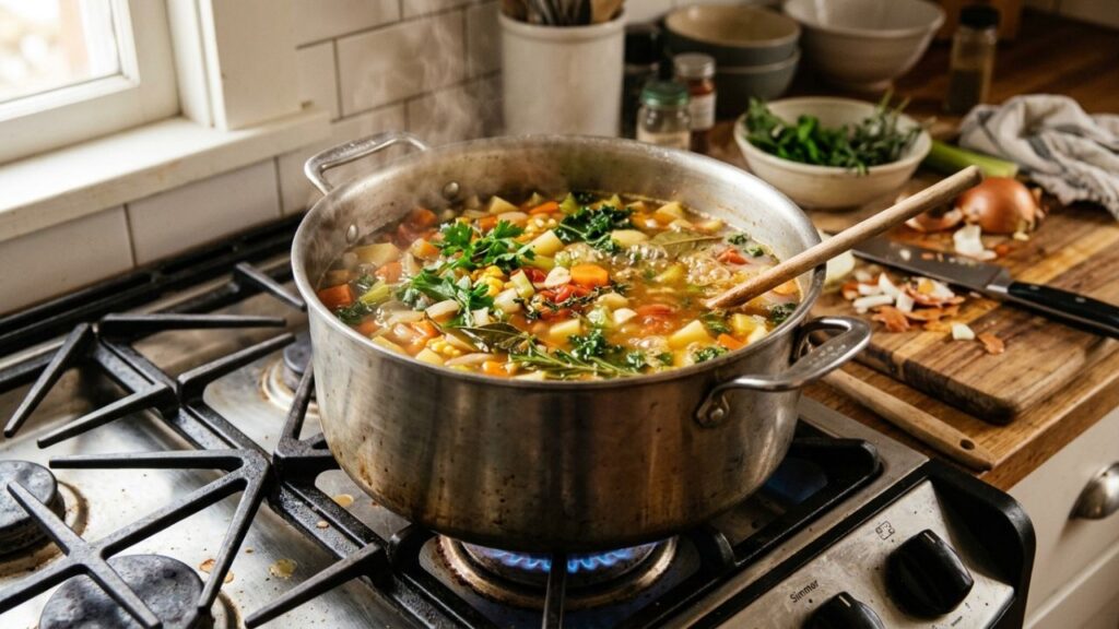 Large pot of broth simmering on the stove with vegetables