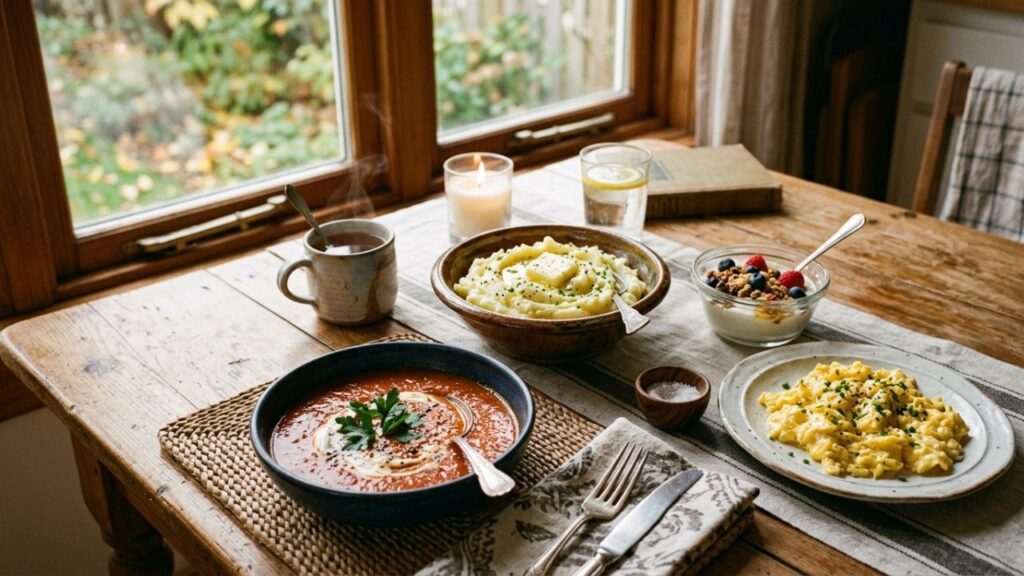Soft foods for dentures like soup, eggs, yogurt, and mashed potatoes on a table