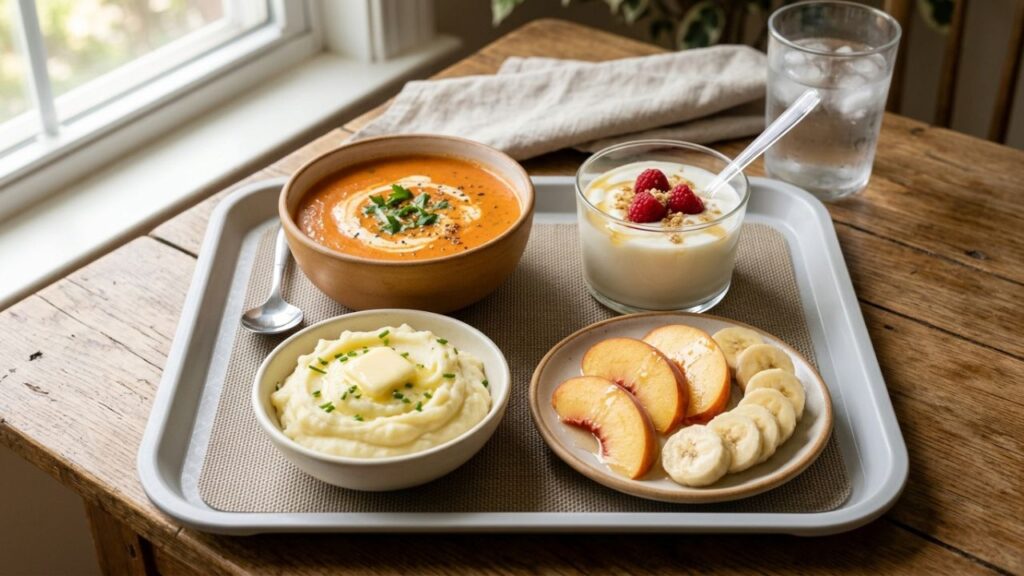 Soft foods like soup, yogurt, and mashed potatoes after surgery