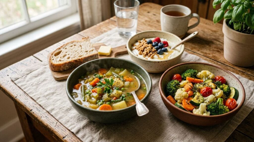 Soft denture-friendly foods including soup, yogurt, and mashed vegetables