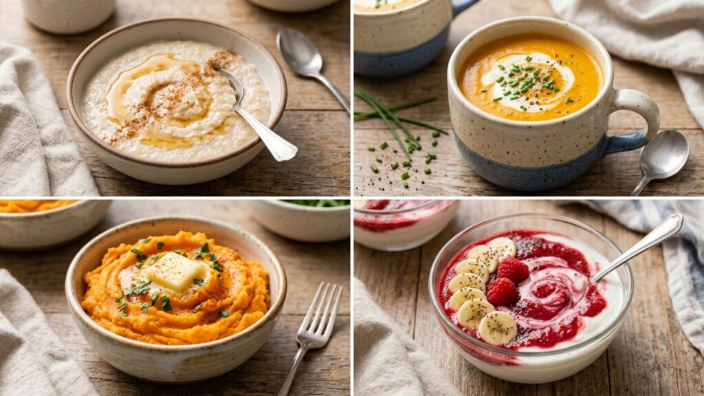 Variety of soft foods for breakfast, lunch, dinner, and snacks