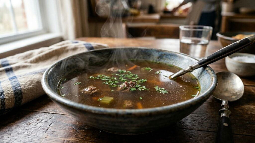 A steaming bowl of beef broth garnished with fresh parsley