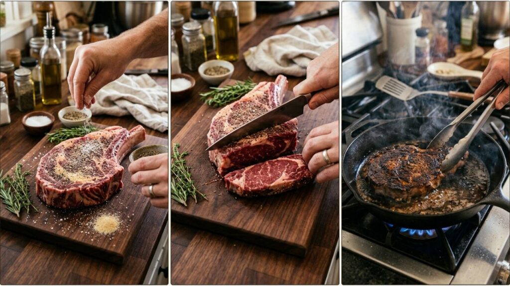 Hands preparing beef on a cutting board with cooking utensils.