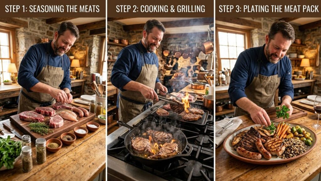 Being cooked step by step in a kitchen.