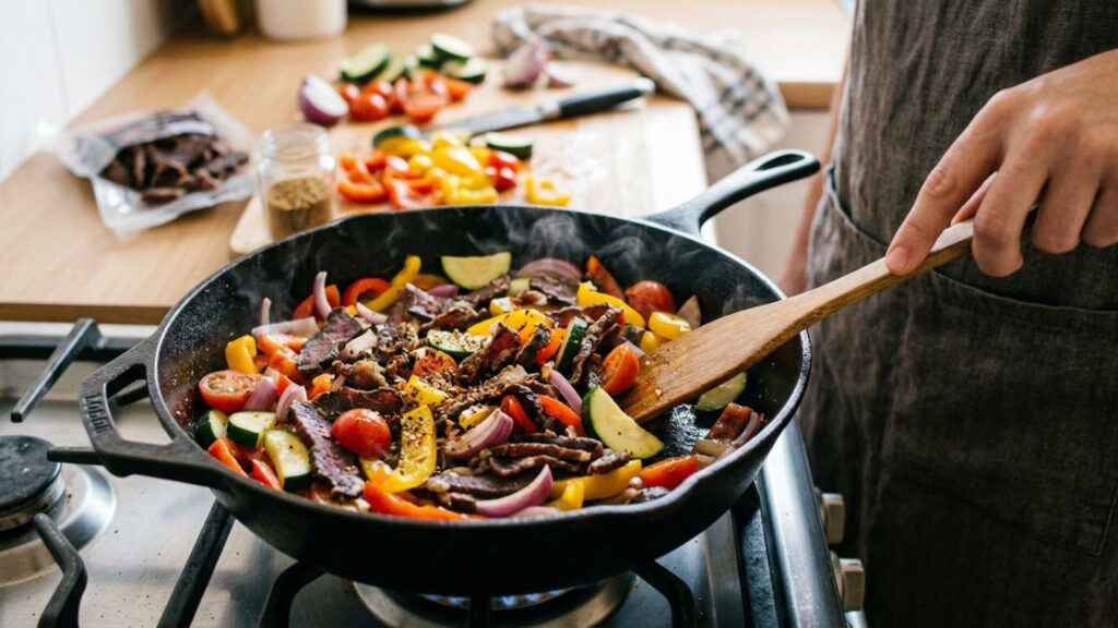 Cooking biltong food recipe in skillet with vegetables