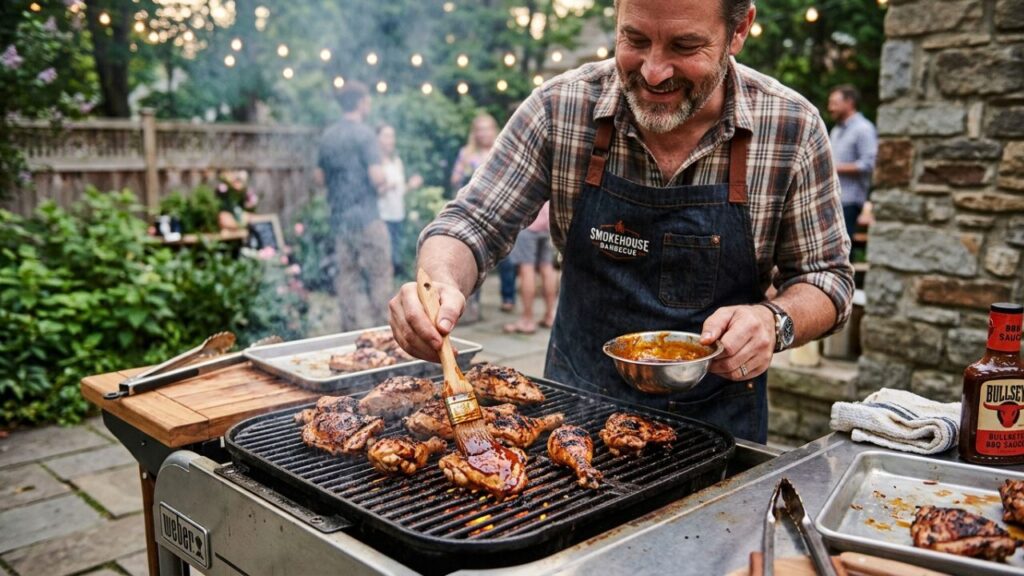 Applying sauce while cooking heavenly BBQ chicken.
