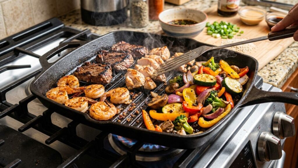 Hibachi cooking on skillet