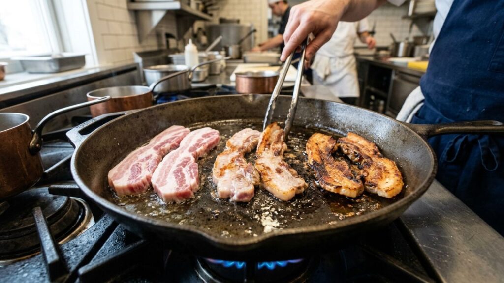  Step-by-step cooking process of side pork in a skillet, with crispy edges forming