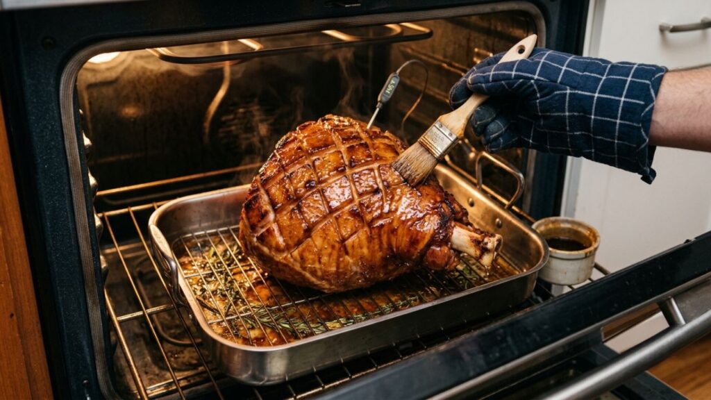 Brushed with glaze in the oven.