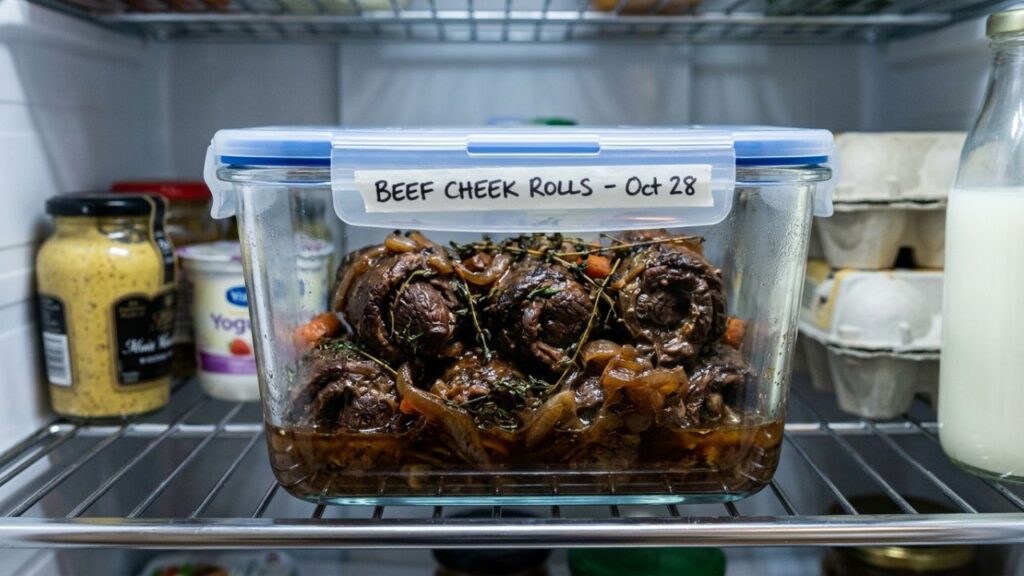 Stored beef cheek rolls in container.