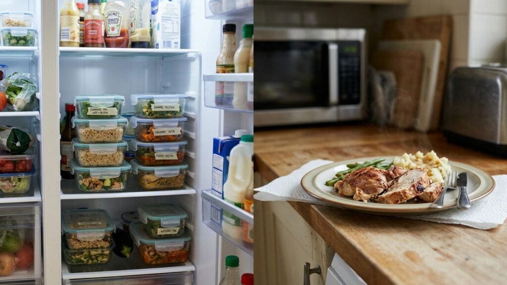 Cooked meat stored and reheated safely.