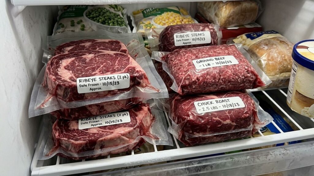  Packaged beef cuts in the freezer with labels and dates.