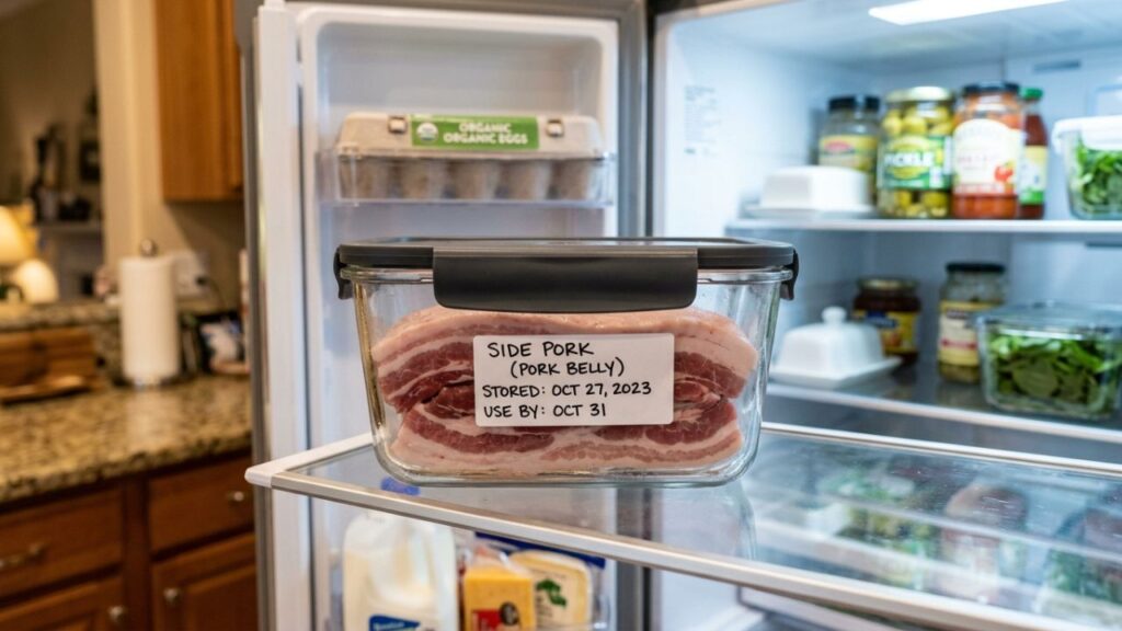 Stored in an airtight container, ready for reheating.