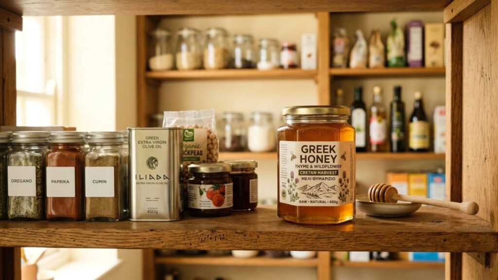 Greek honey jar stored in kitchen pantry