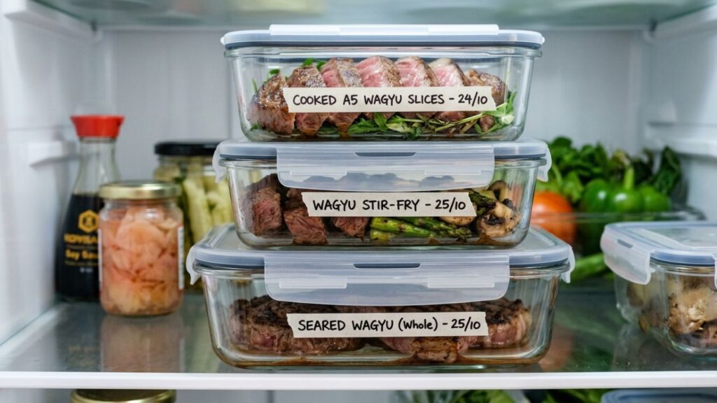 Wagyu beef stored in the fridge for freshness.